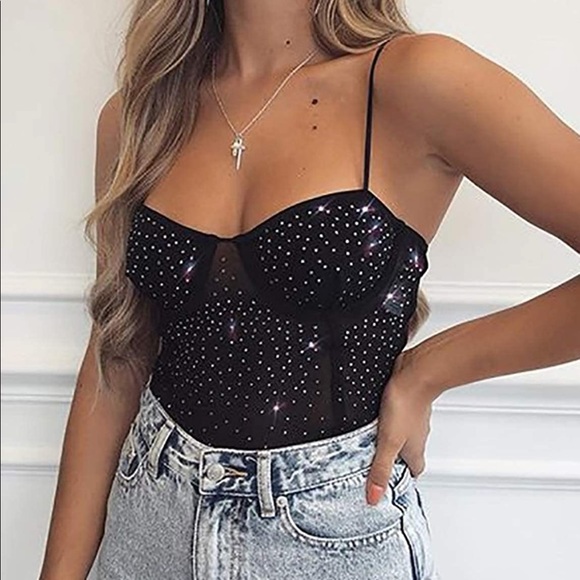 NWOT Sexy Sheer Mesh Black Bedazzled Bodysuit - Picture 4 of 12